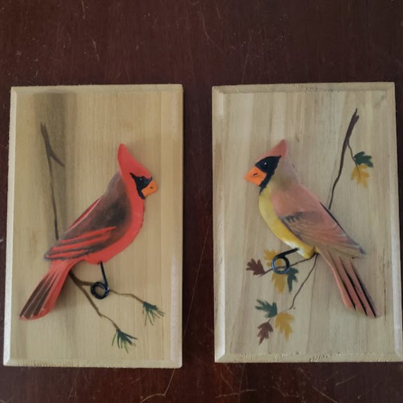 Jonathan Jones Wood Carvings Hand Carved Cardinal Bird Male Female Pair 2pc Vtg - Picture 1 of 16